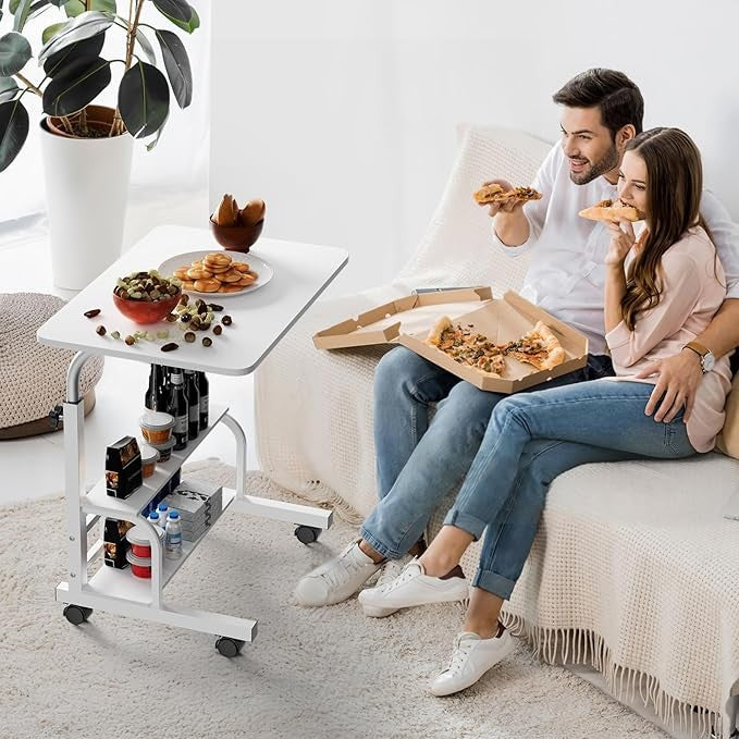 Mobile Laptop Desk on Wheels Height Adjustable Storage Shelves 60x40cm White