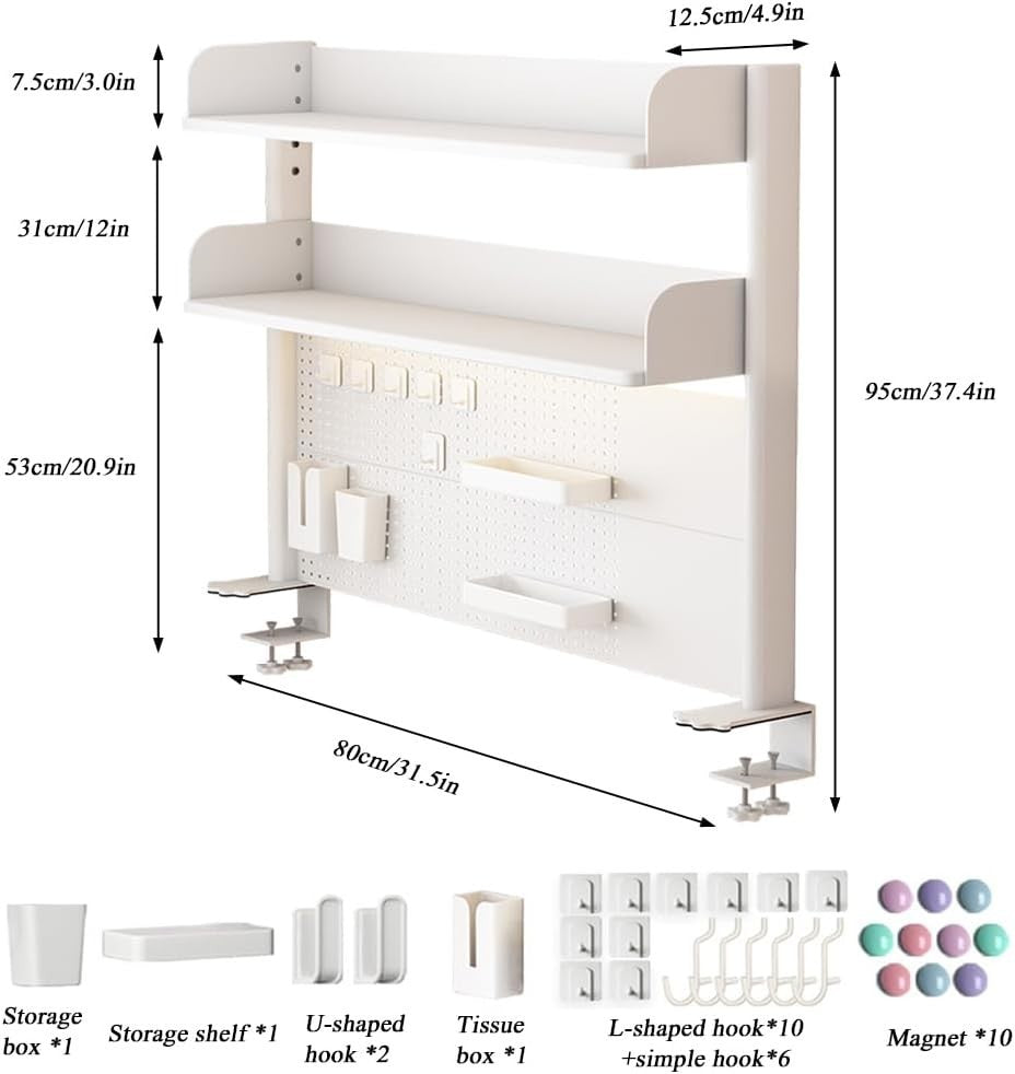 Clamp-On Desk Organizer Shelf 2-Tier Pegboard Hutch Rack 80cm White