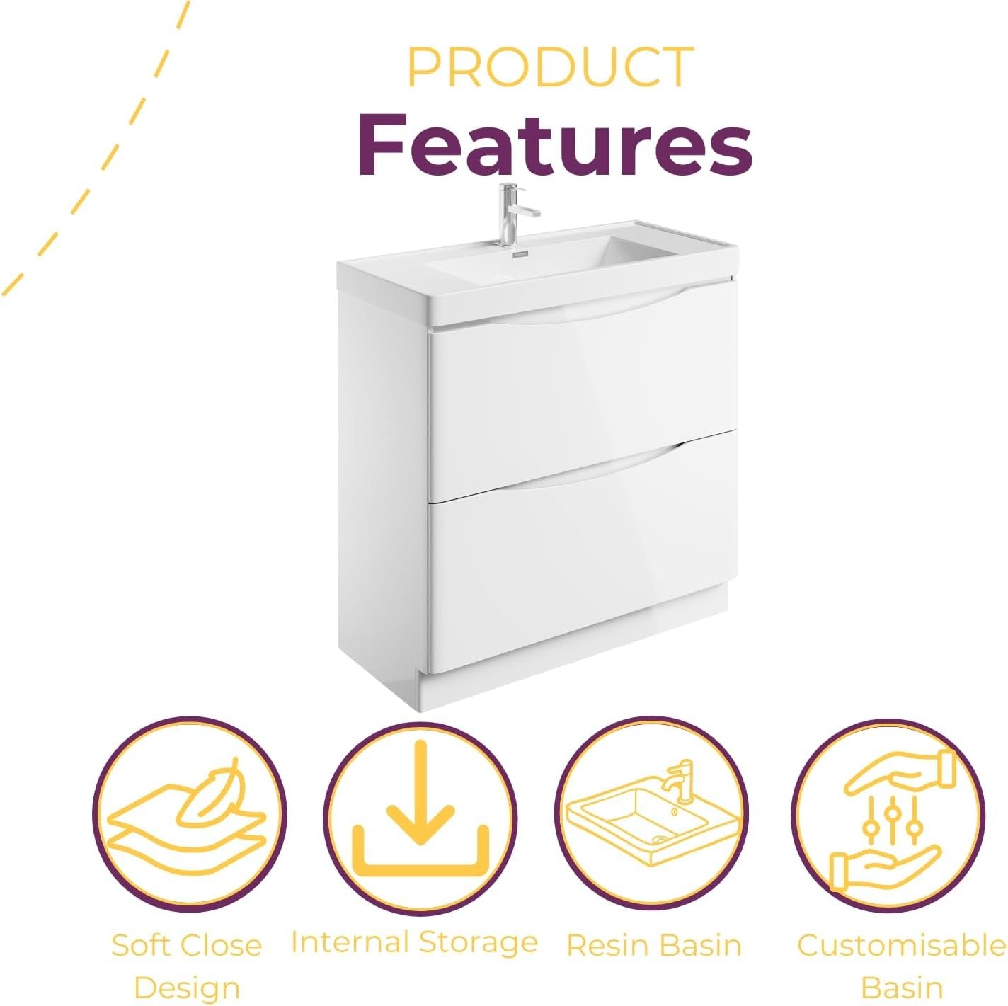 900mm Floor Standing Vanity Unit White Gloss Resin Basin Modern Bathroom Cabinet