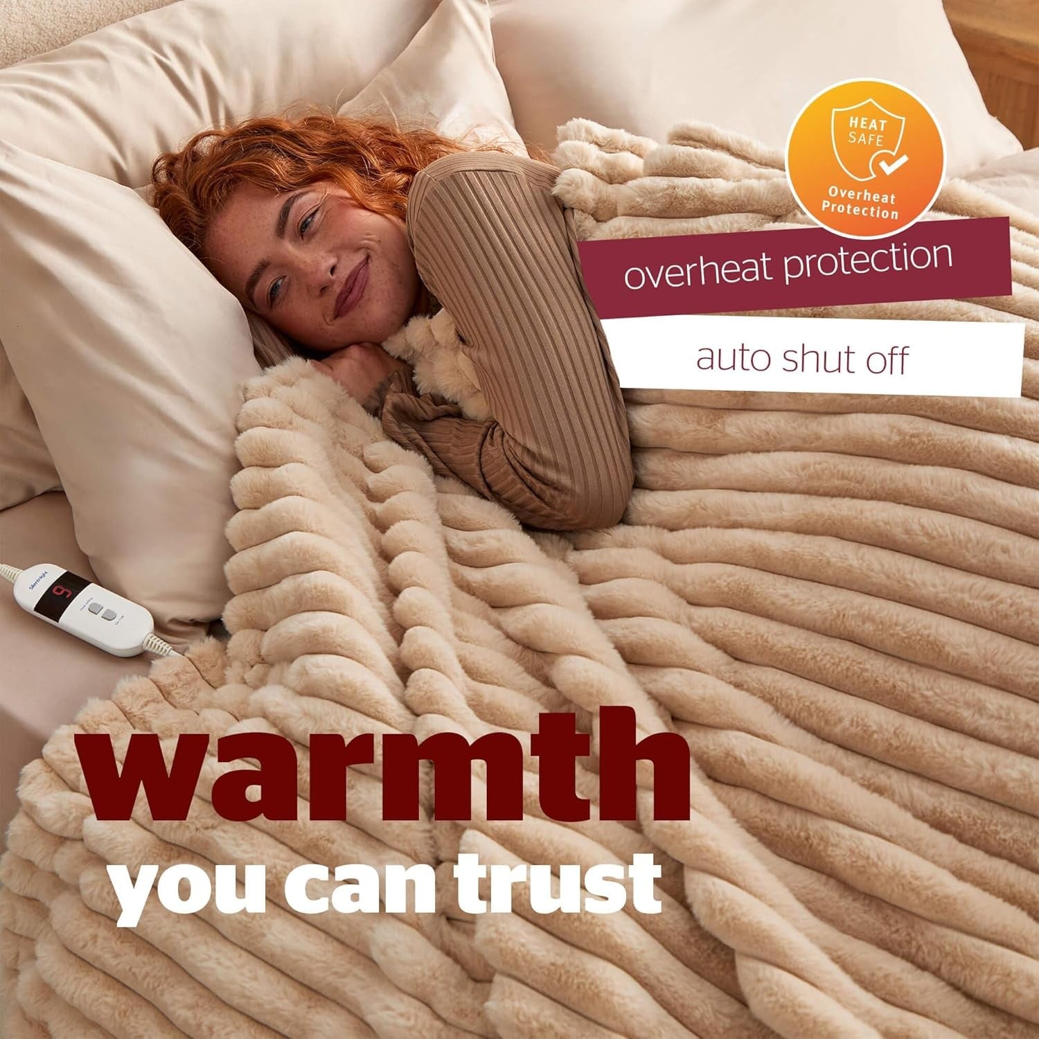 Electric Heated Throw Blanket 120x160cm Natural Faux Fur 9 Heat Timer