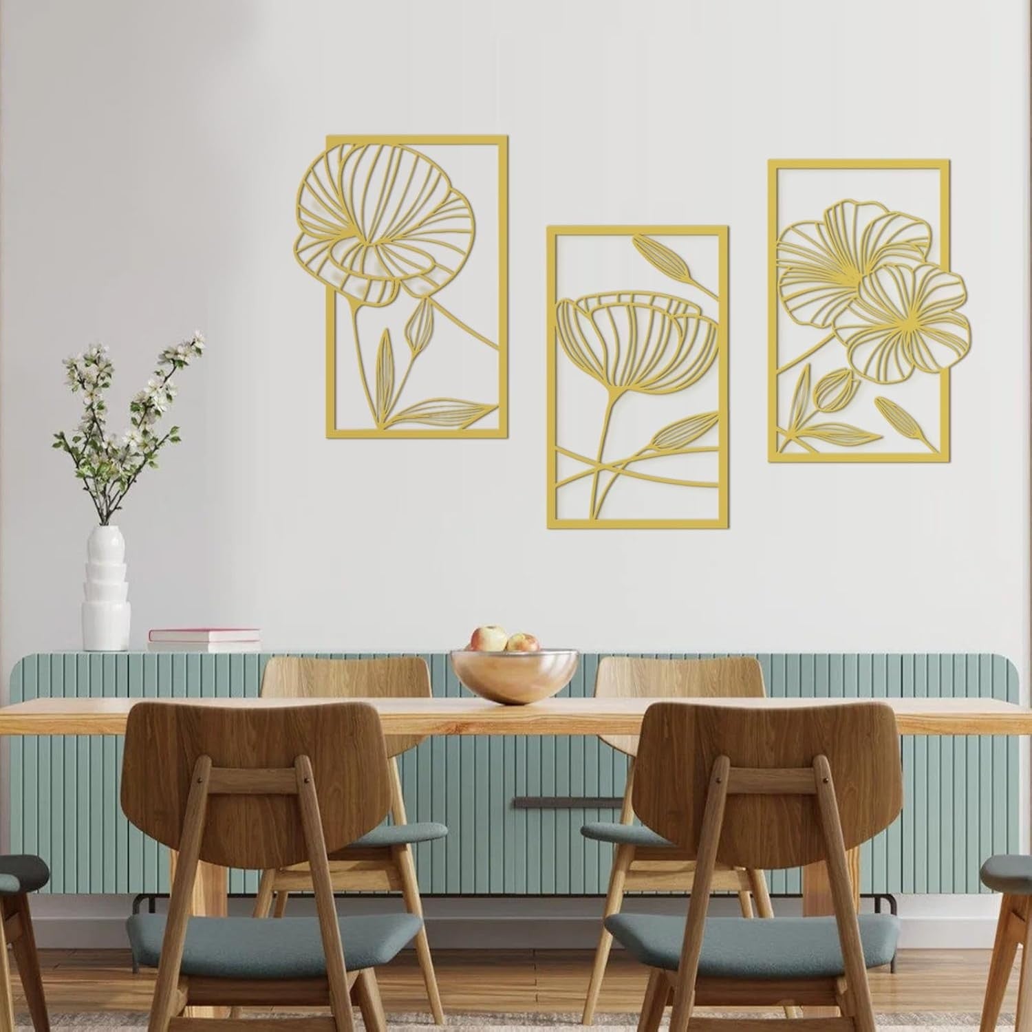 Gold Metal Wall Art Set of 4 Lotus Flower 3D Line Sculptures Modern Decor