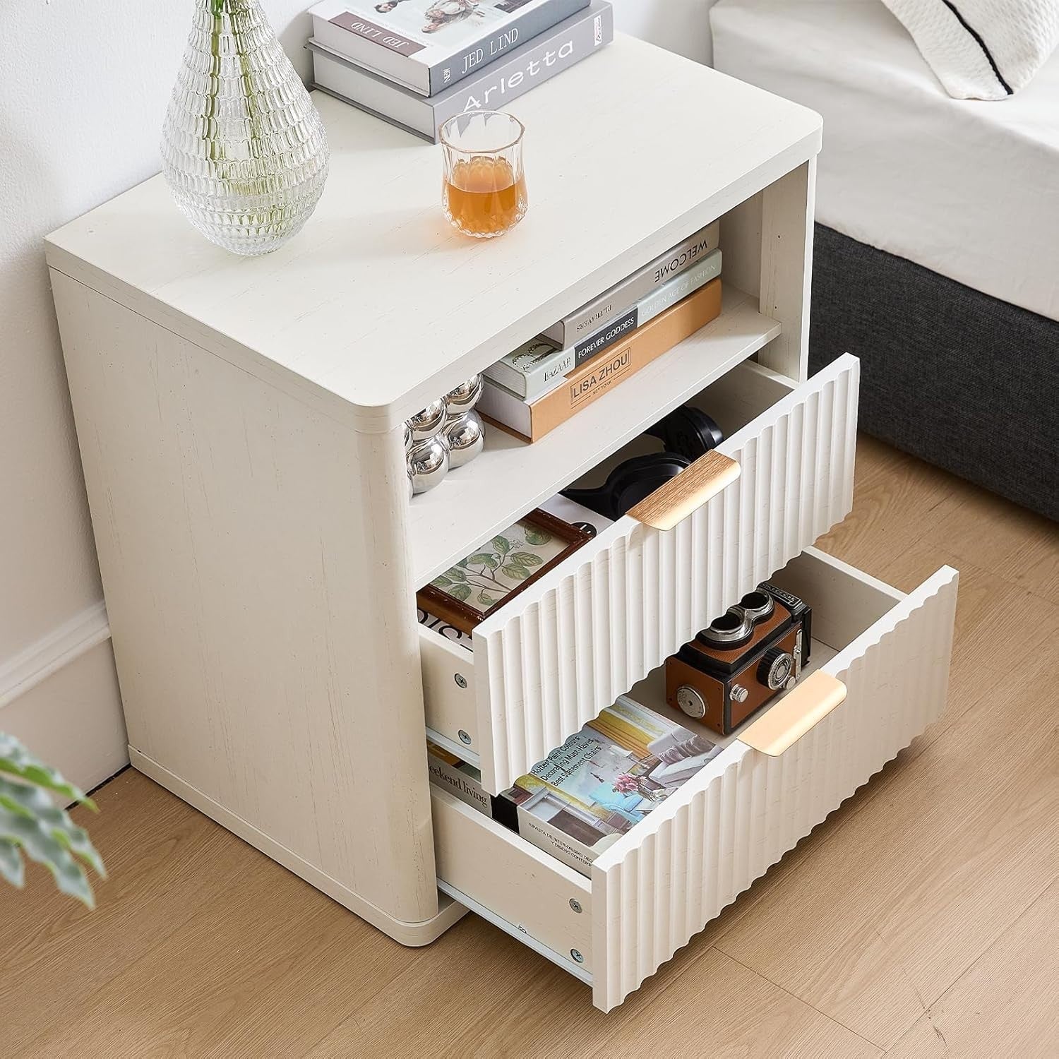 White Fluted Bedside Table with 2 Drawers Modern Nightstand Storage Cabinet