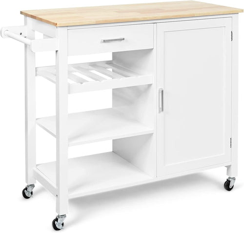Kitchen Island on Wheels Storage Trolley Wood Top Cabinet Shelves
