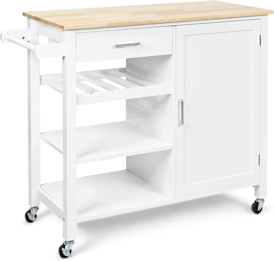 Kitchen Island on Wheels Storage Trolley Wood Top Cabinet Shelves