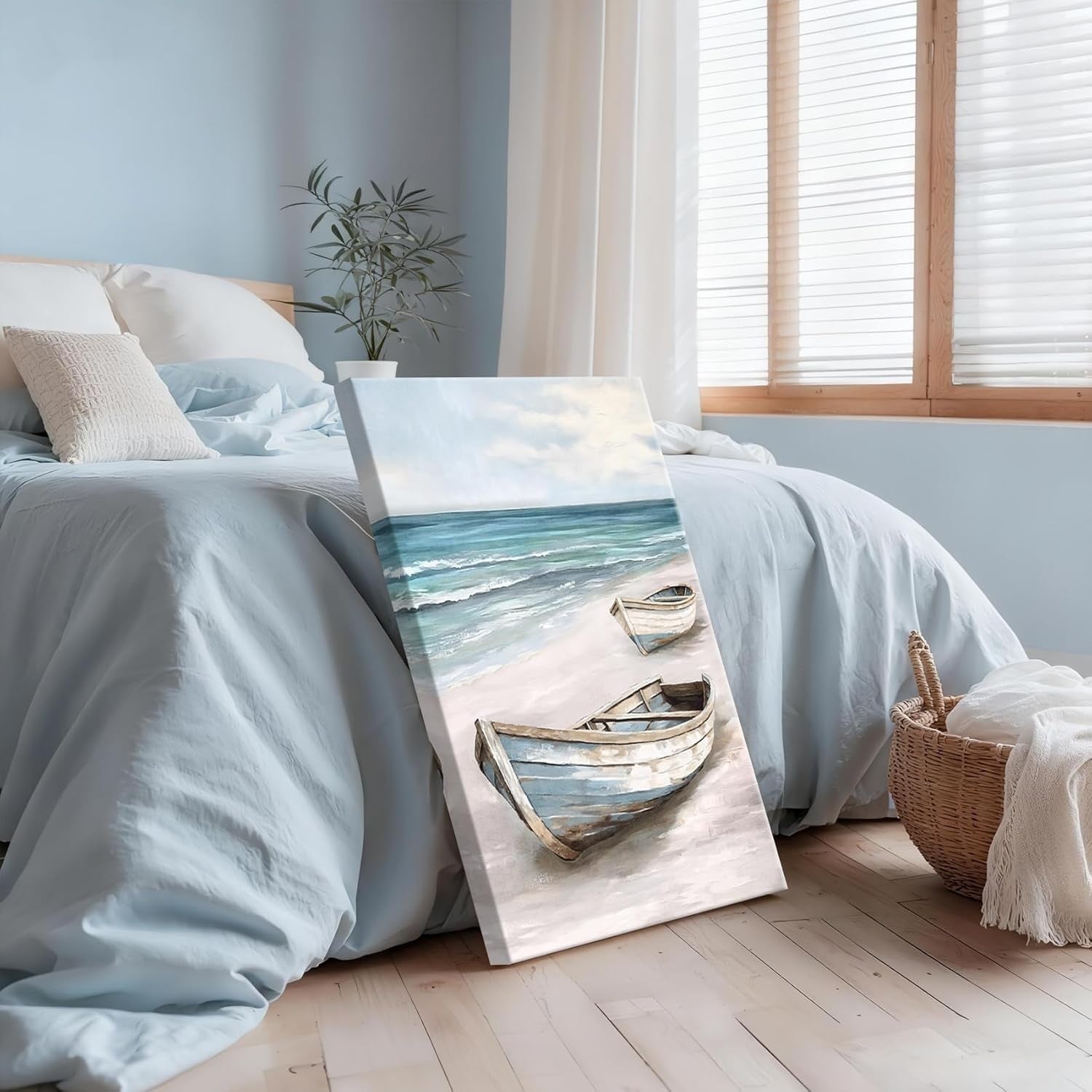 Blue White Sea Boat Canvas Wall Art 40x60cm Framed Coastal Decor