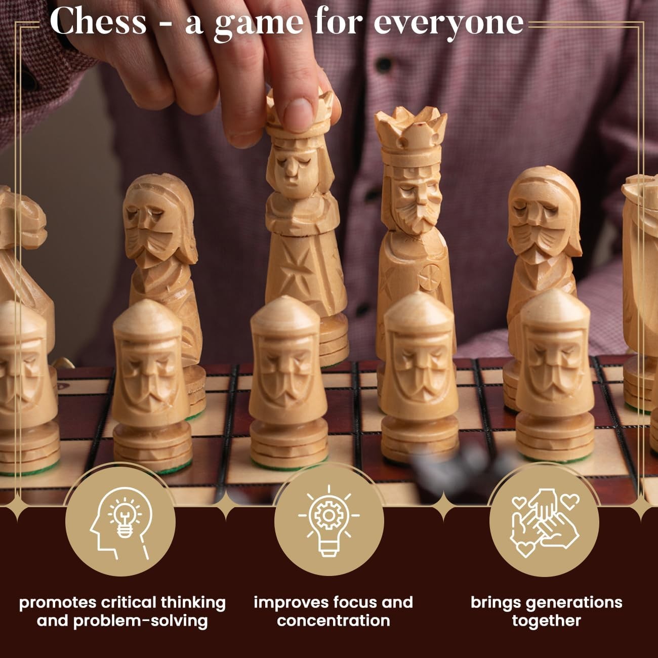 50cm Luxury Inlaid Wooden Chess Set – Handcrafted Folding Board & Tall Weighted