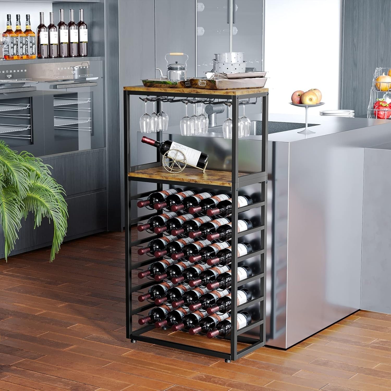 30 Bottle Wine Rack with Glass Holder & Shelves, 6-Tier Freestanding Bar