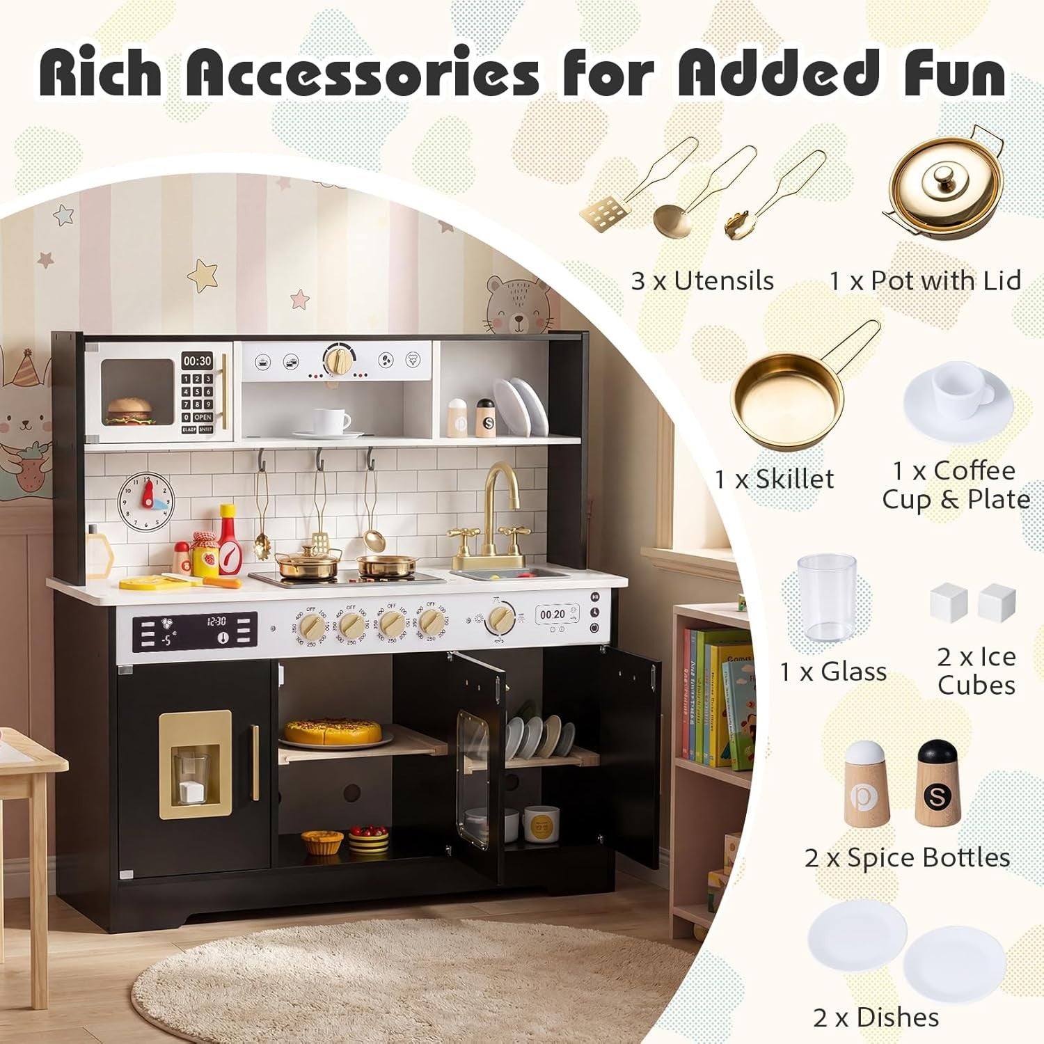 Wooden Kids Play Kitchen Black Lights Sounds Coffee Maker Toy Set