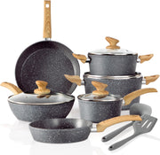 12pcs Grey Granite Induction Cookware Set Non Stick Pans Pots with Glass Lids