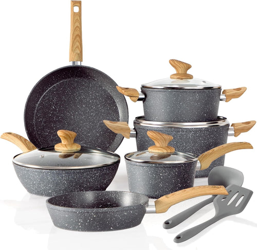 12pcs Grey Granite Induction Cookware Set Non Stick Pans Pots with Glass Lids