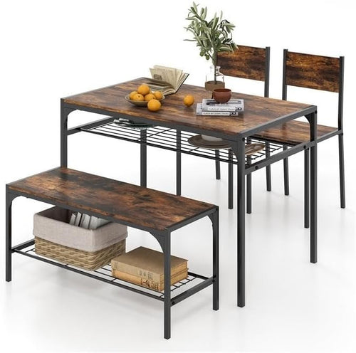 Dining Table Set with 2 Chairs & Storage Bench Rustic Brown for Small Space