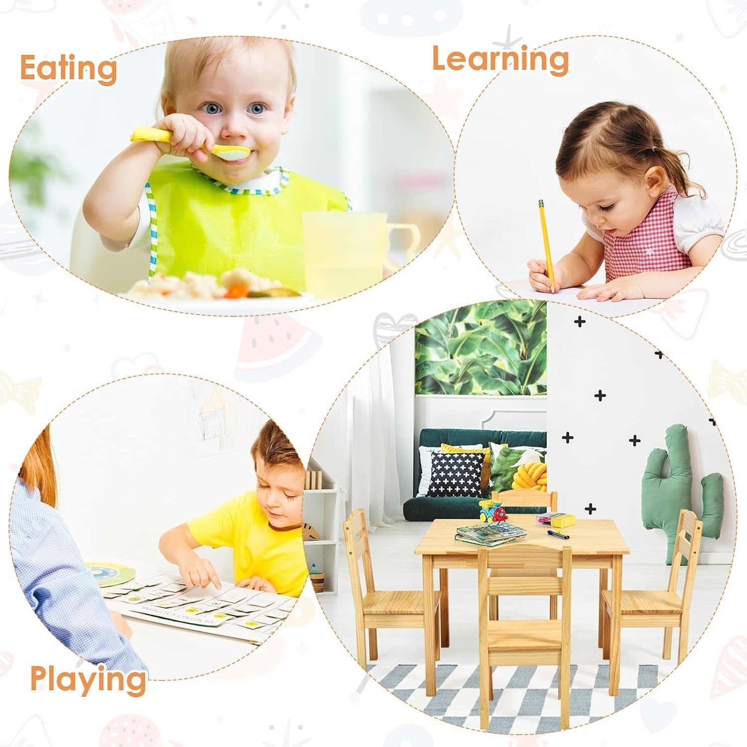 Kids Wooden Table & 4 Chairs Set – Sturdy Pine, Easy Clean, Perfect for Play & S