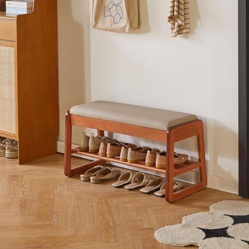 2-Tier Flip-Top Shoe Storage Bench with Cushion – Cherry Wood 31.5in
