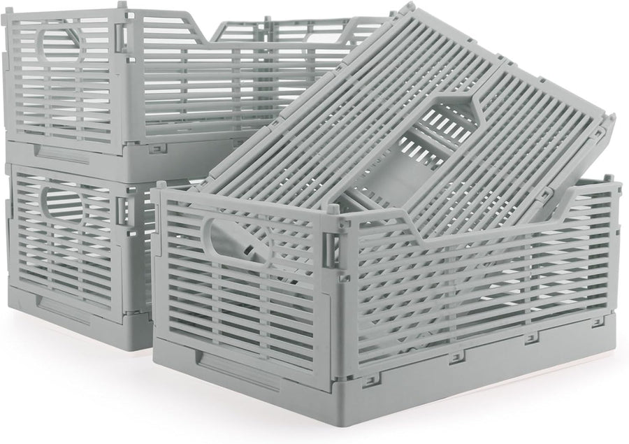Collapsible Plastic Storage Crates 40x30x15cm – Foldable Stackable Bins Grey