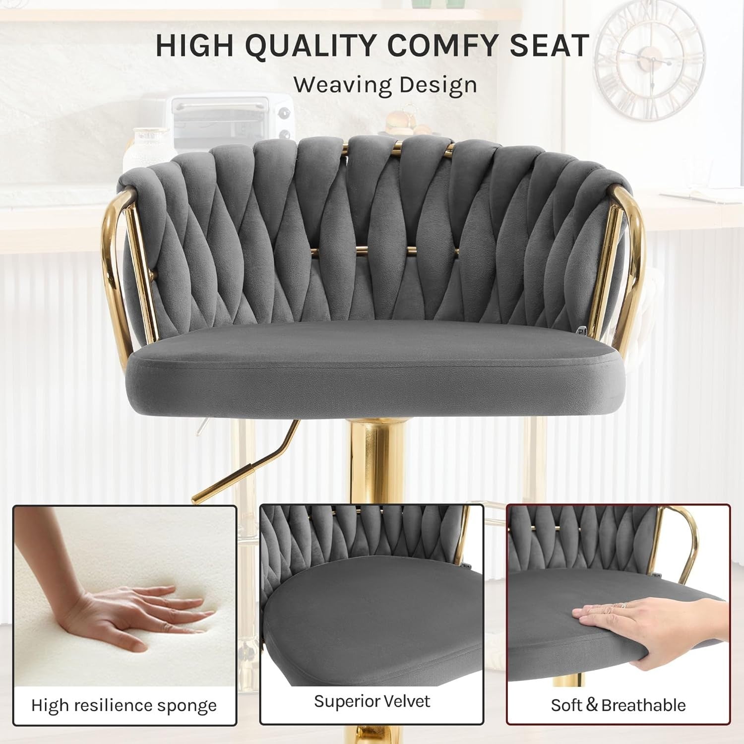 Adjustable Velvet Bar Stool Dark Grey 360° Swivel Kitchen Counter