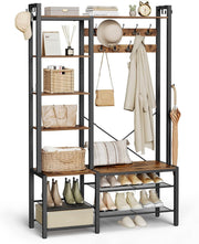Entryway Hall Tree with Shoe Bench & Storage Hooks | 120x40x190cm