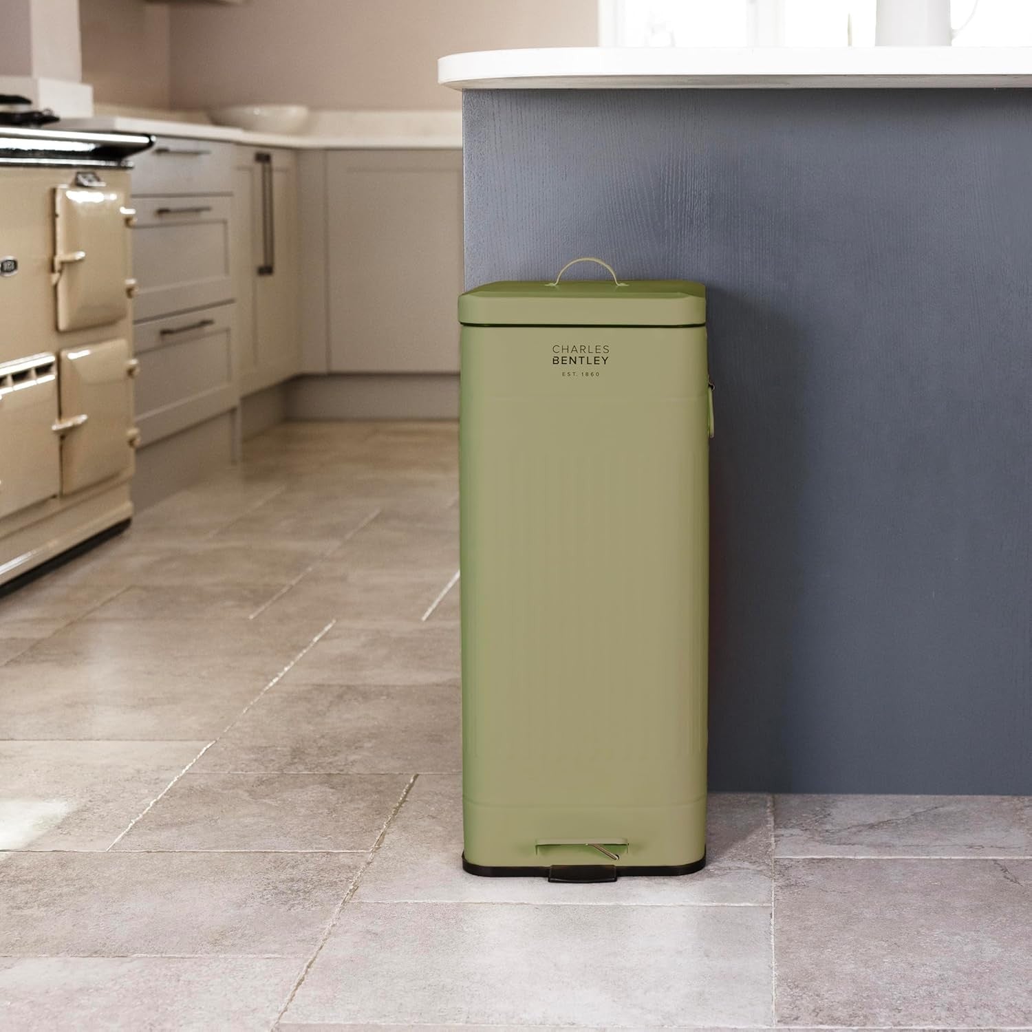 30L Kitchen Pedal Bin | Steel Retro Square Waste Can Sage Green
