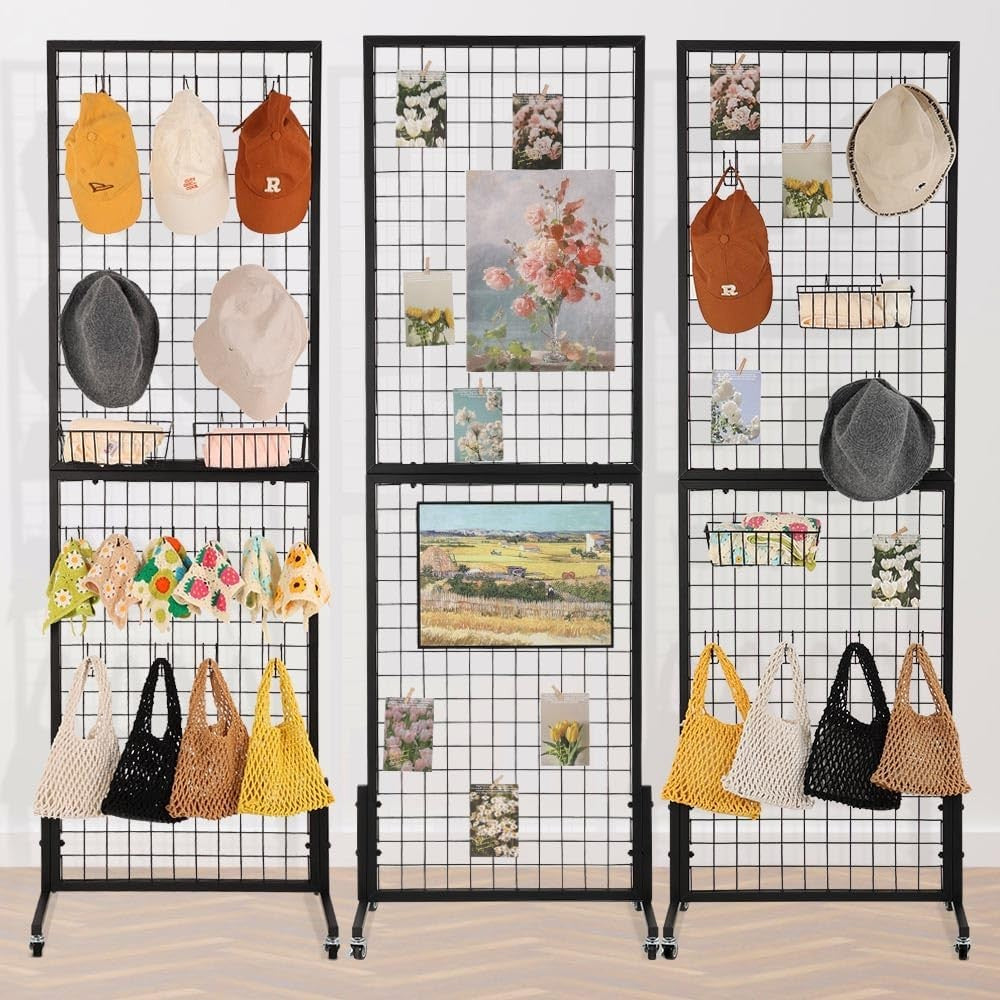 3 Pack Grid Wall Display Stand with Wheels – Black Metal Freestanding Grid Panel