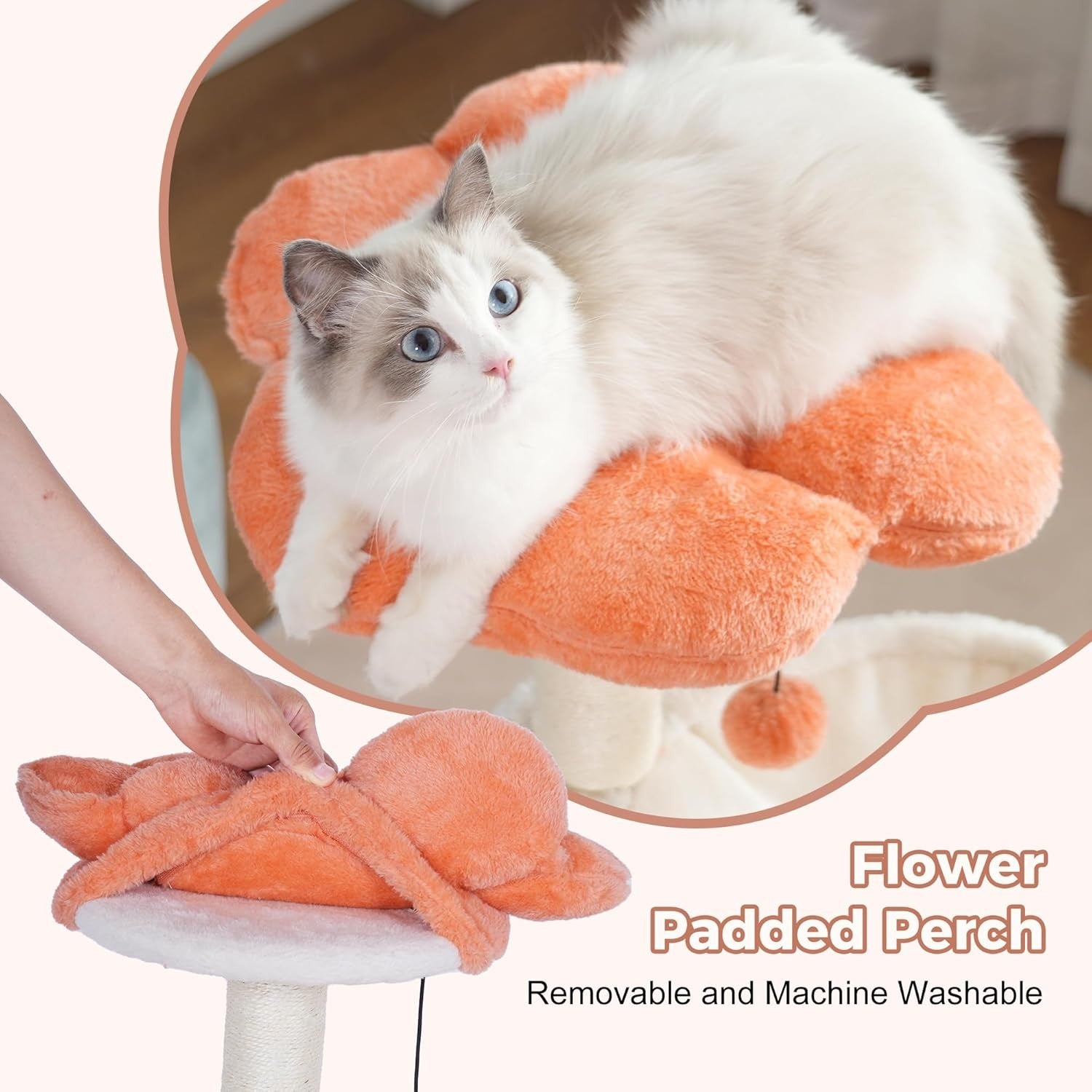 Beige Flower Cat Tree Tower with Hammock Condo Sisal Scratching Post