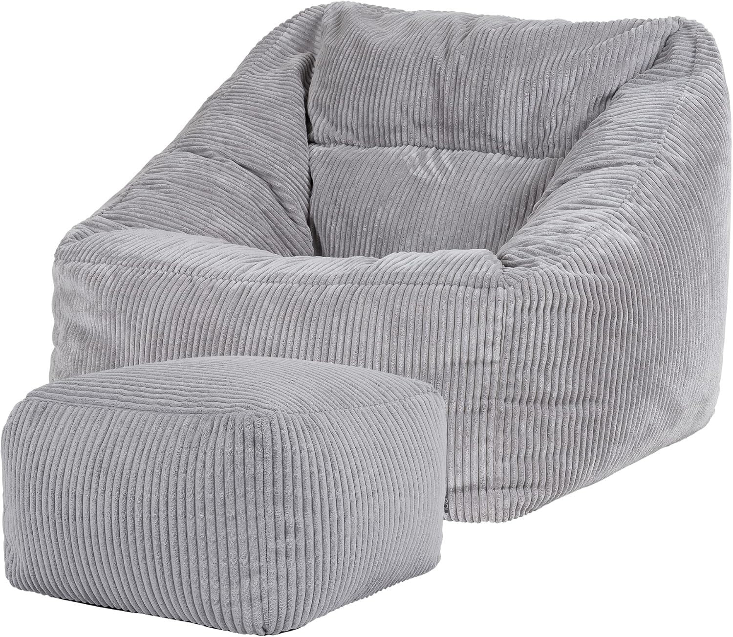Grey Cord Bean Bag Chair with Footstool Lounge Sofa Adult Seat Filled