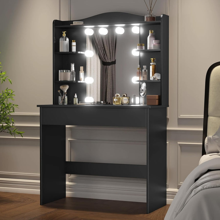 Modern Dressing Table Set LED Light Mirror Stool Drawers Makeup Vanity