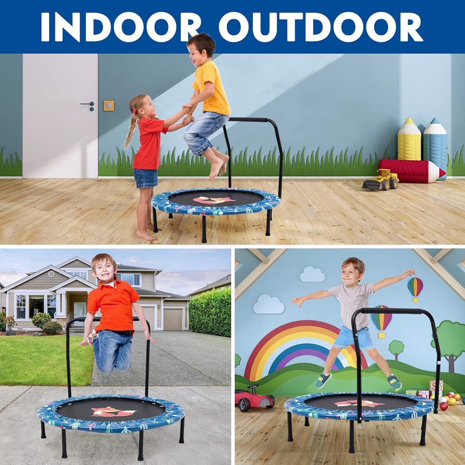 38'' Kids Mini Trampoline Foldable Quiet Rebounder Adjustable Handle Green