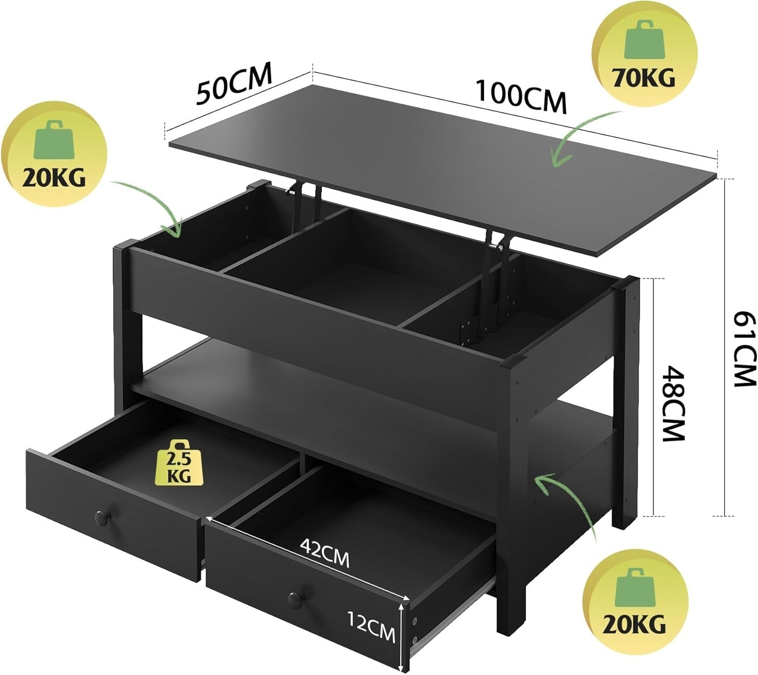 Lift Top Coffee Table with Storage Drawers & Hidden Compartment 100x50cm Black