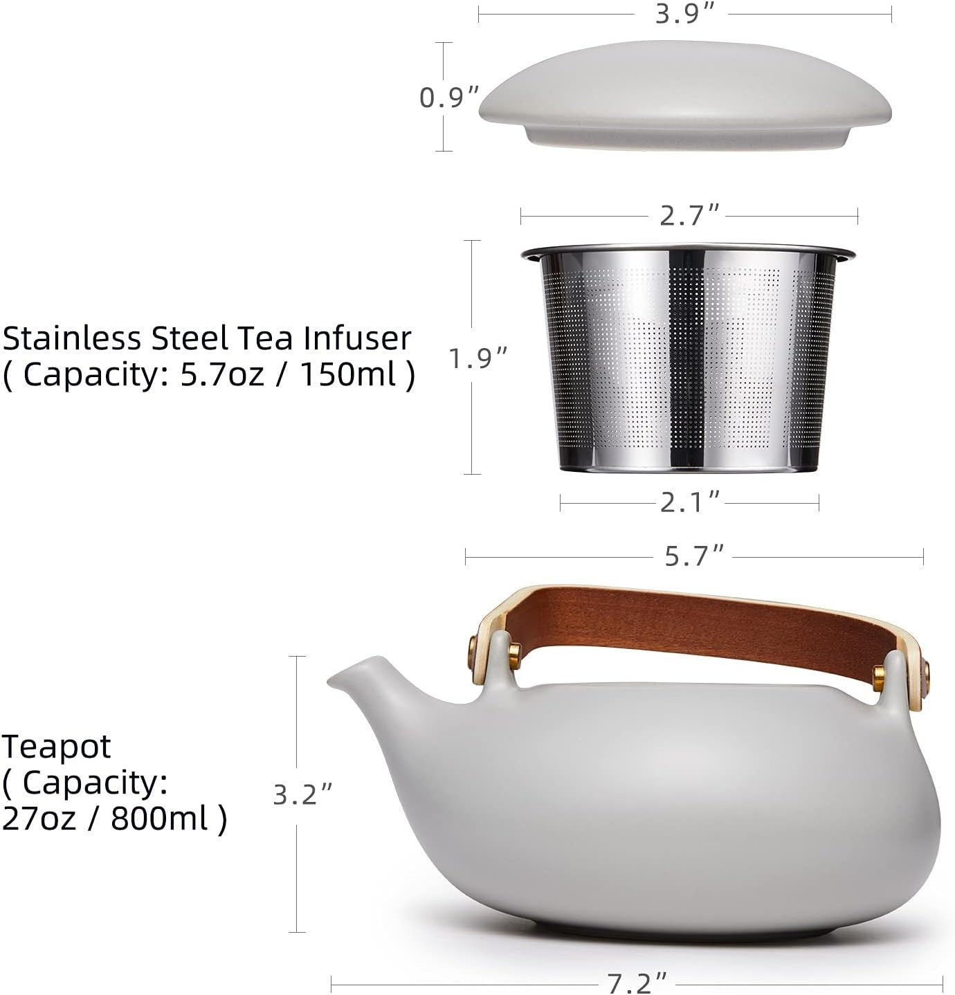 Japanese Ceramic Teapot 800ml Infuser Matte Grey Bentwood Handle