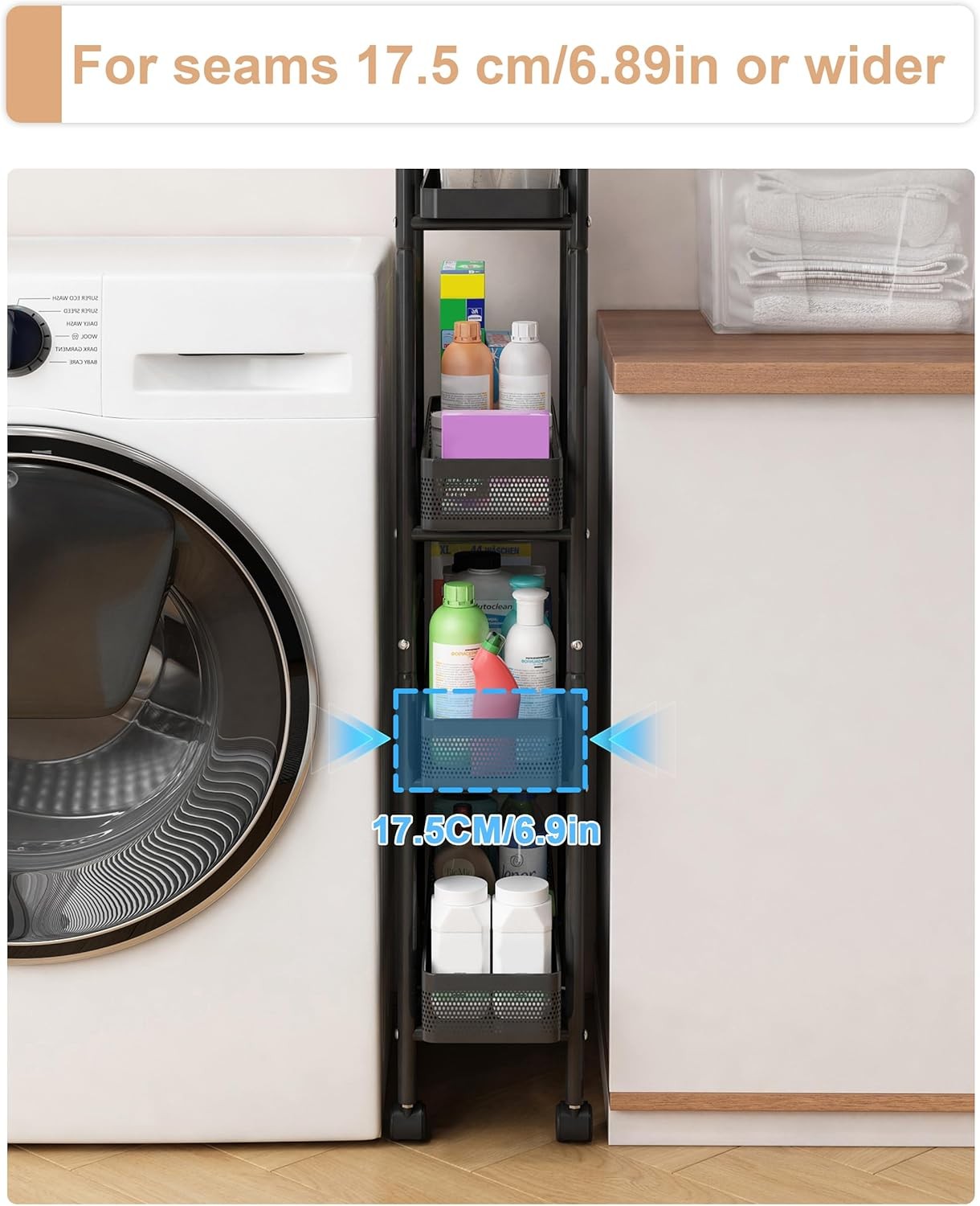 Slim Kitchen Storage Trolley 4 Tier Pull Out Drawers on Wheels Narrow Cart