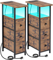 Slim LED Bedside Tables Set of 2 with USB Charging, 3 Drawers & Open Shelf