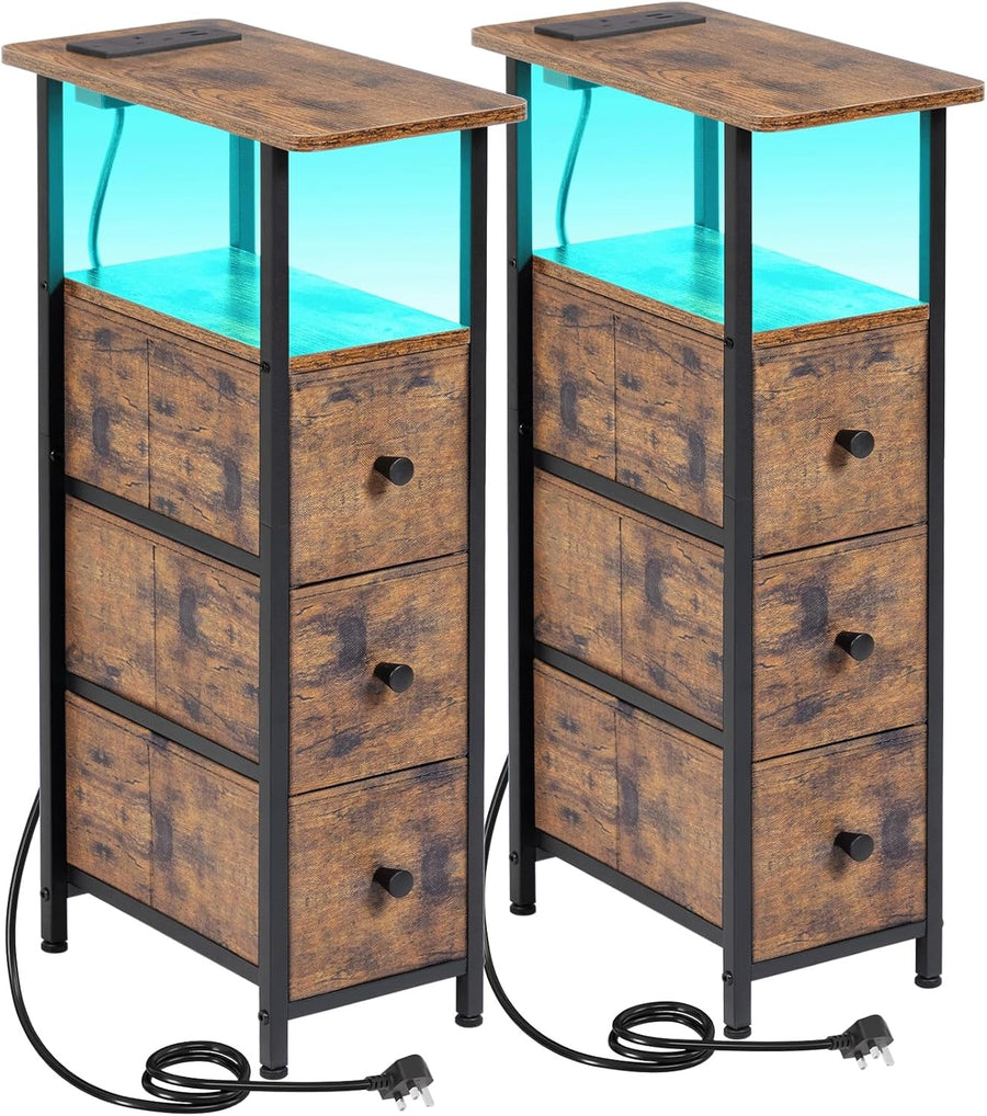 Slim LED Bedside Tables Set of 2 with USB Charging, 3 Drawers & Open Shelf