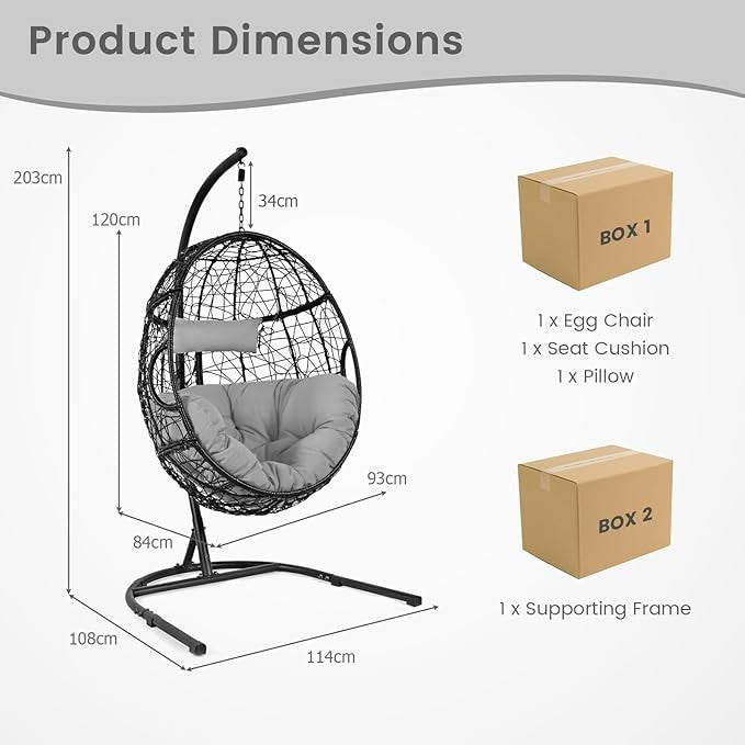 Luxury Hanging Egg Chair with Stand – Soft Cushion, 150kg Capacity