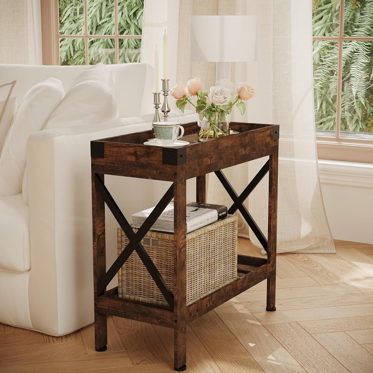Narrow Rustic Brown Side Table with Storage Shelf – Compact End Table