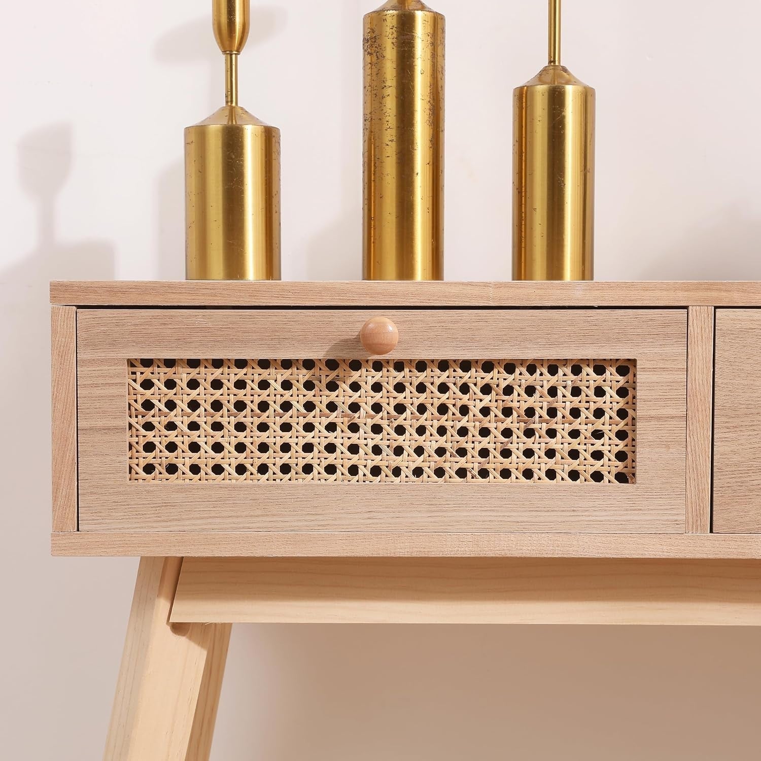 Modern Console Table with 2 Drawers, Rattan Storage, Pine Legs, Natural Wood Ton