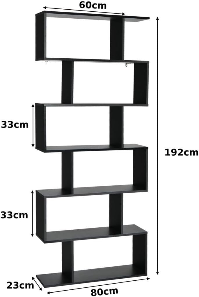 Modern 6-Tier S-Shaped Bookshelf Tall Freestanding Display Storage Unit Black