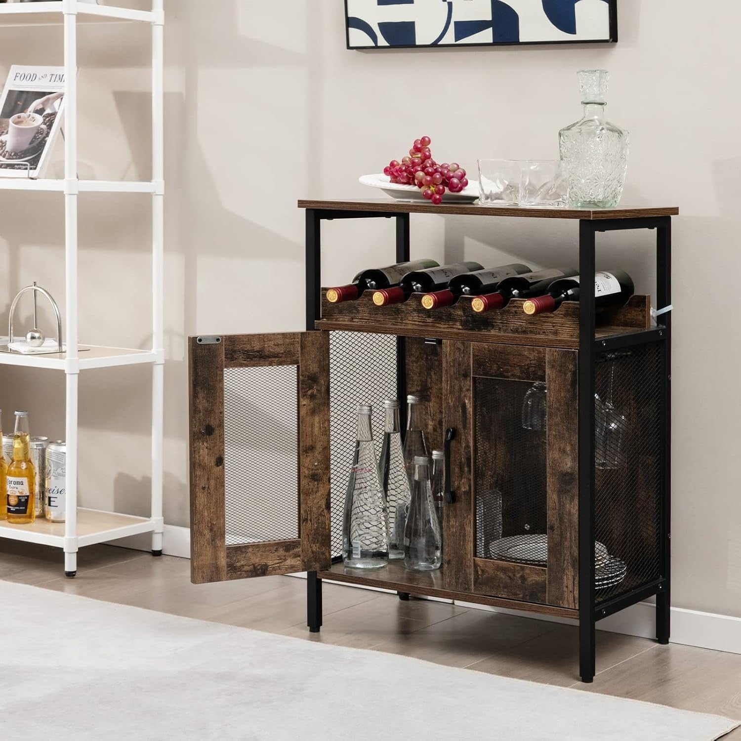 Industrial Wine Bar Cabinet Sideboard with Wine Rack & Glass Holder Rustic Brown