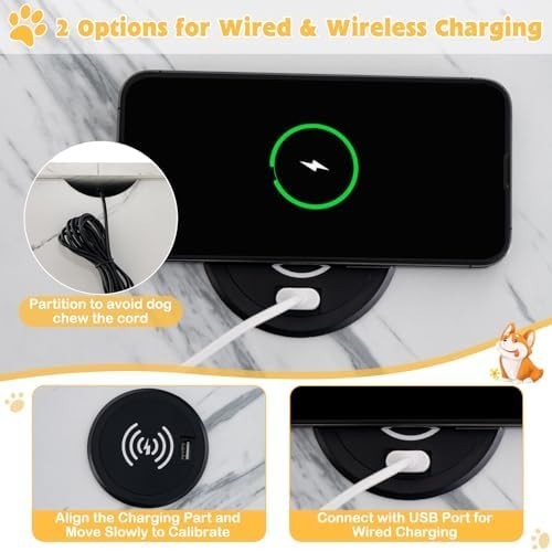 Wooden Dog Crate Side Table with Drawer, Plush Pad & USB Charging