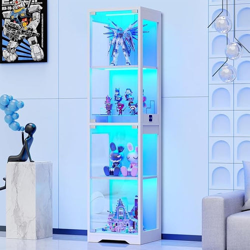 Tall LED Display Cabinet with Glass Doors, 63" Shelf Unit, 3-Color Lights, Senso