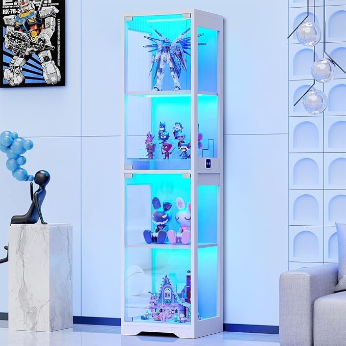 Tall LED Display Cabinet with Glass Doors, 63" Shelf Unit, 3-Color Lights, Senso
