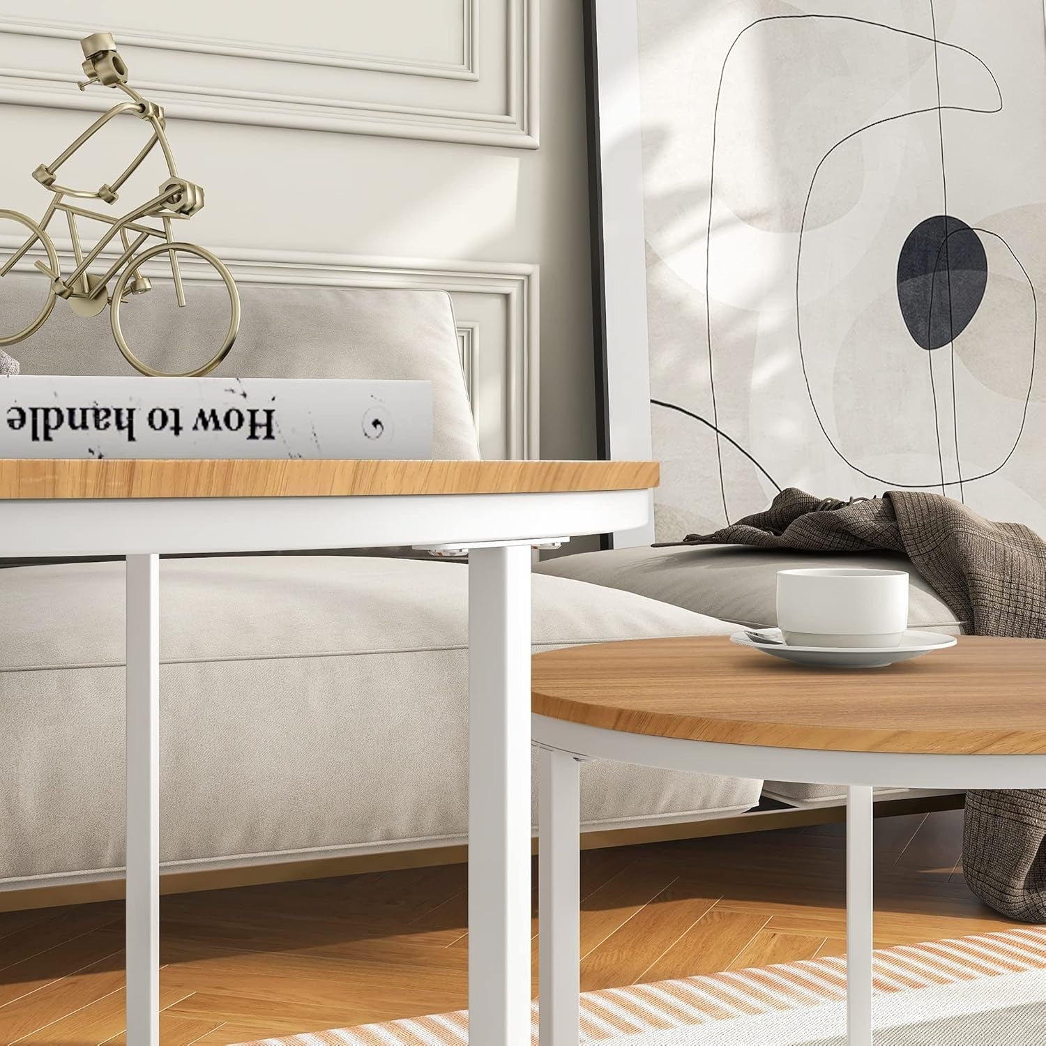 Nesting Coffee Table Set Round End Side Tables Space Saving Wood Metal Frame