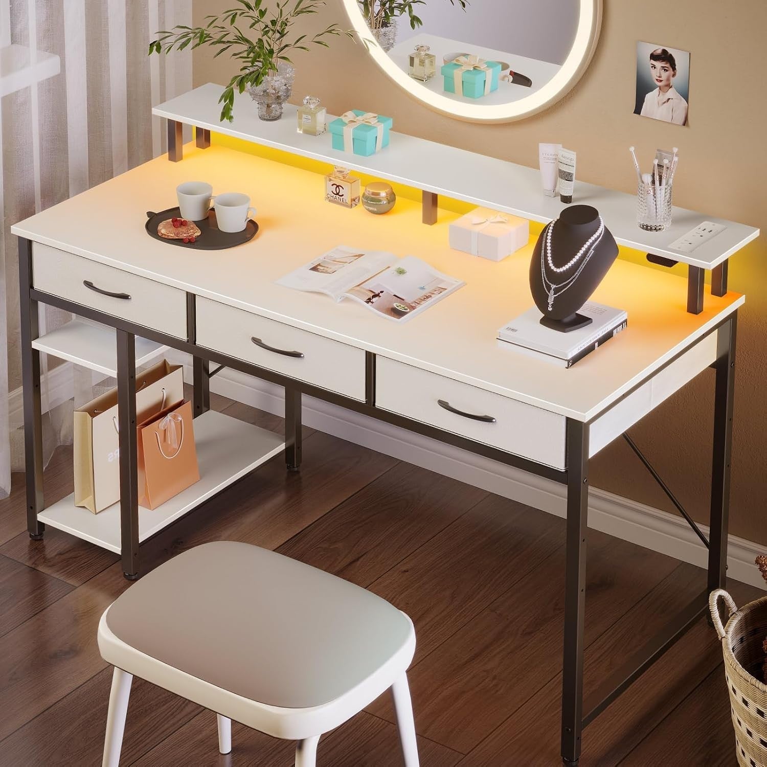 White Computer Desk with Drawers, LED Lights & Power Outlets Workstation