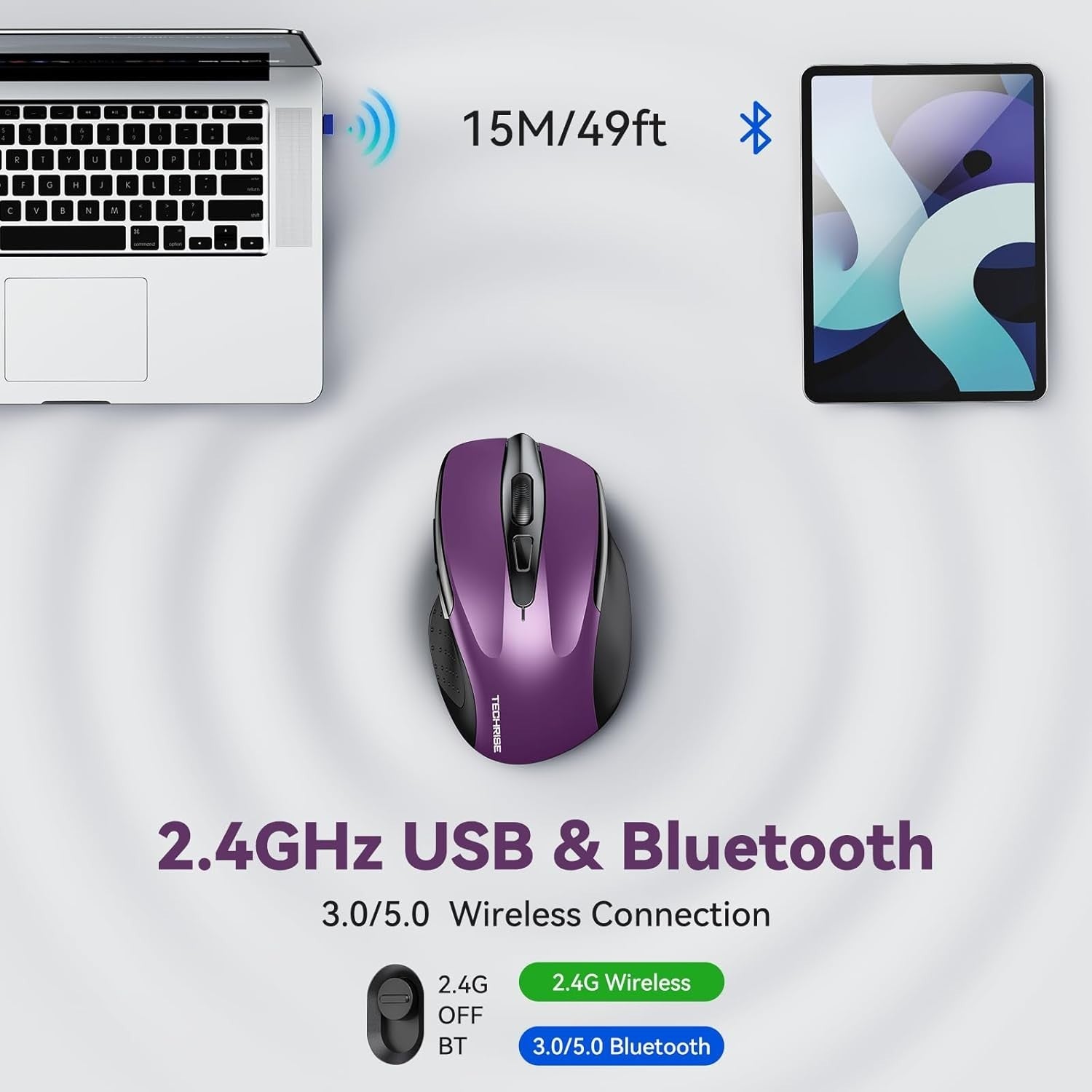 Rechargeable Bluetooth Wireless Mouse Silent 4800 DPI Ergonomic Purple PC