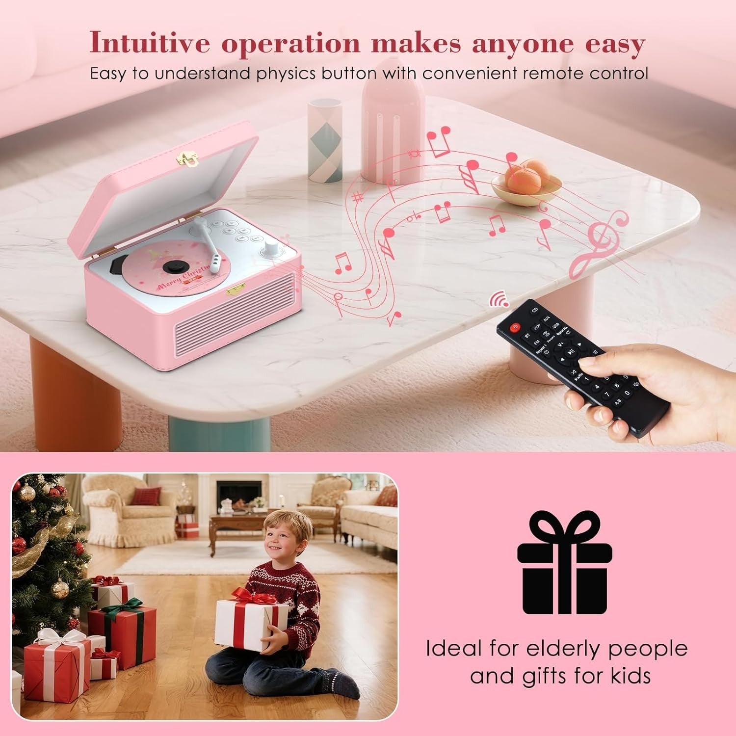 Retro Bluetooth CD Player FM Radio USB AUX HiFi Speakers Pink PU