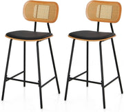 Bar Stools Set of 2 Black PU Leather Rattan Back Counter Chairs