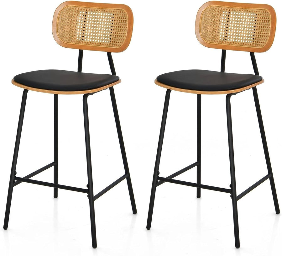 Bar Stools Set of 2 Black PU Leather Rattan Back Counter Chairs
