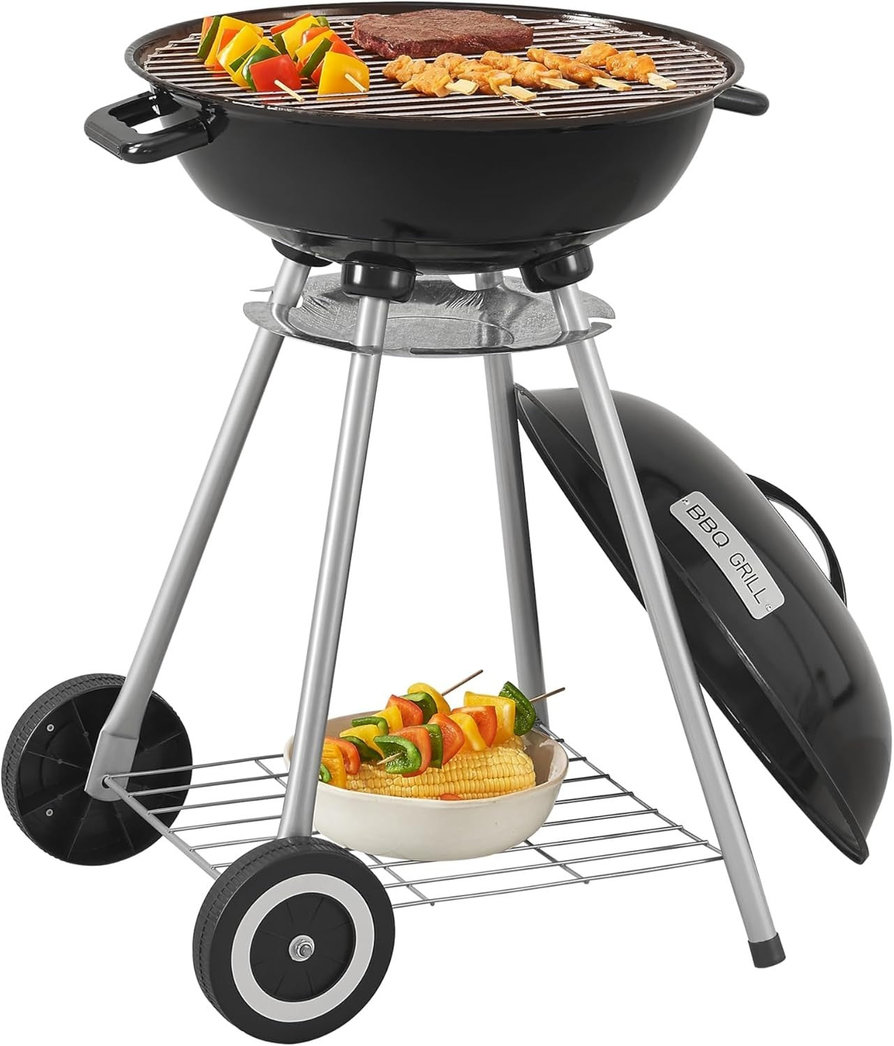 Outdoor Charcoal BBQ Kettle Grill 80x49x47cm with Lid Wheels Garden Patio