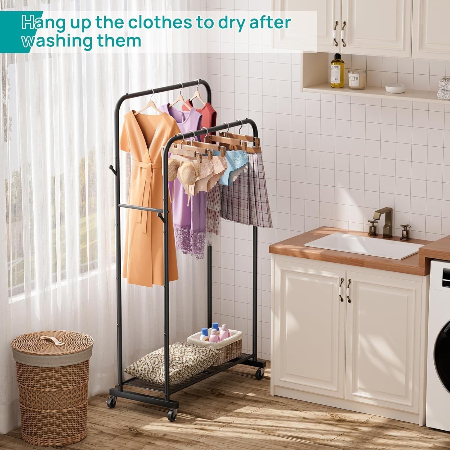 Heavy Duty Clothes Rail with Wheels & Shelf – Black 43×91×145cm