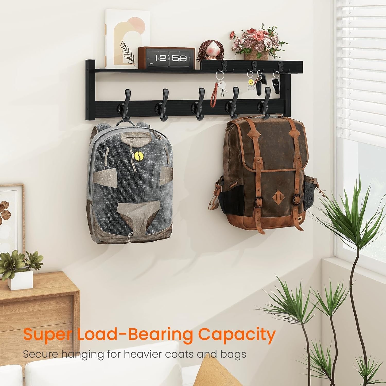Black Wall Coat Rack 29" Wood Shelf with Hooks & Key Holder Entryway Organizer