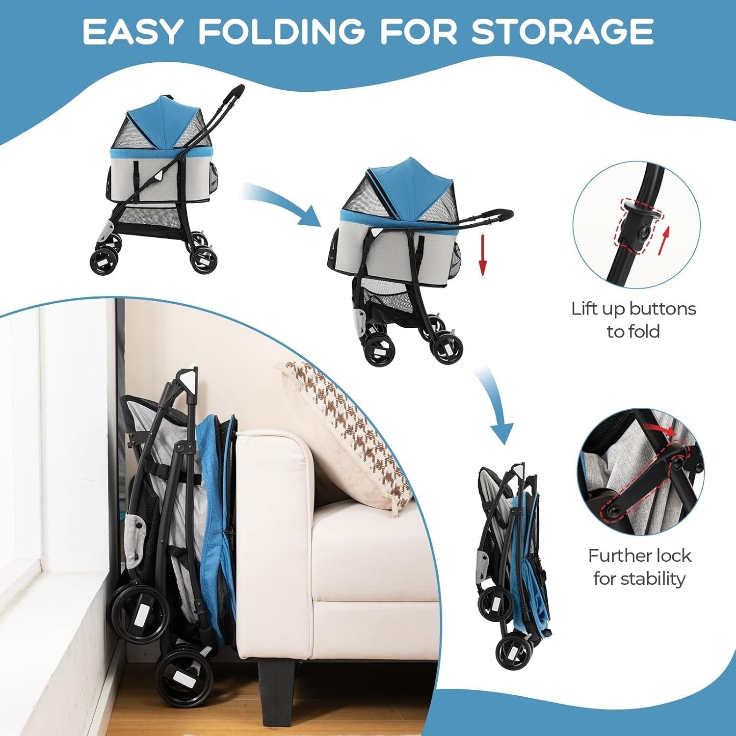3in1 Pet Stroller Dog Pushchair Detachable Carrier Foldable Blue Grey
