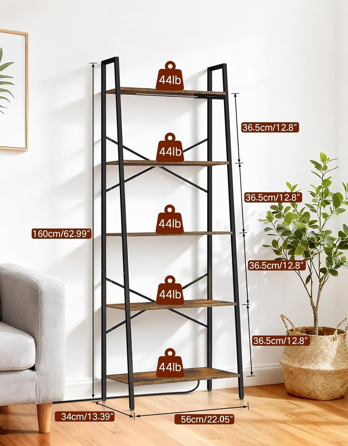 5 Tier Ladder Shelf LED Lights Dimmable Tall Bookcase Corner Unit